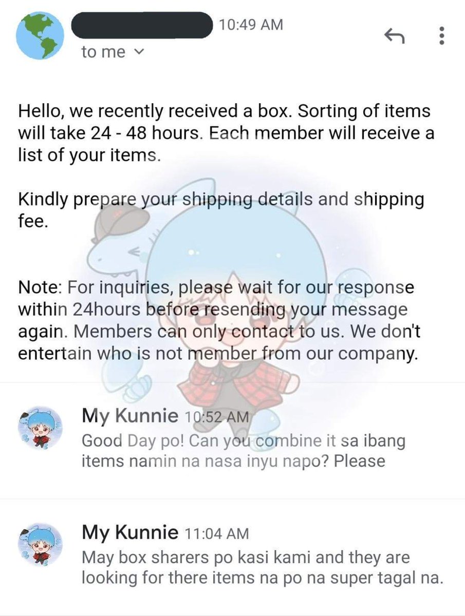 mykunnie's tweet photo. #MYKUNNIE_UPDATES 

FOR @mykunnie AND @mykunnie2nd

ITEM STATUS
I received email messages from my Consol this morning. See attached pictures about email exchanges and conversation.
- Consol received a box and is now sorting the packages. No final list of Arrivals yet. https://t.co/NVSZY1qVV0