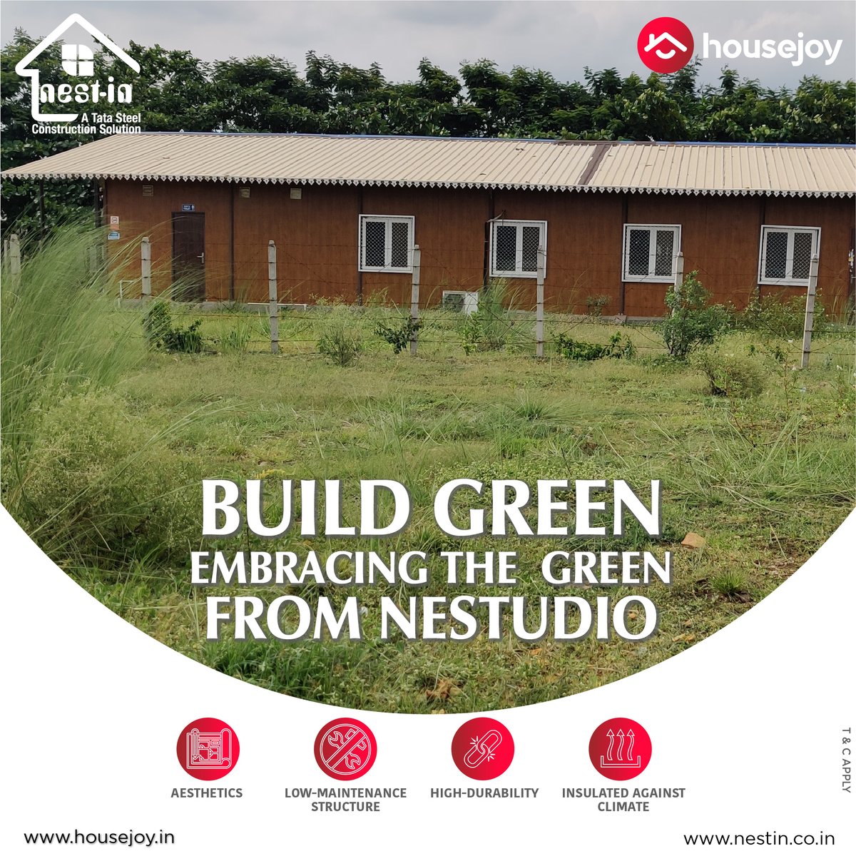 Construct your #farmhouse with prefabricated home solutions from the house of TATA steel Nest-in which are highly durable and low in maintenance. 

Book your free consultation now. 
bit.ly/3xskANG.
.
#NestIn #TataSteel #PrefabConstruction #ModularConstruction #design