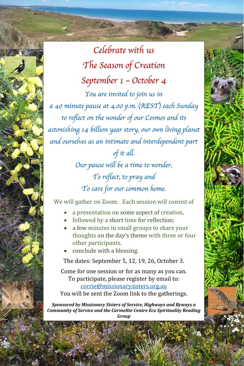 Celebrate with us the Season of Creation, 1 Sept to 4 Oct. Each Sunday, we'll host a 40-minute 'pause' at 4pm (AEST) to reflect on the wonder of our Cosmos &amp; its astonishing 14 billion-year story, our own living planet &amp; ourselves as a part of it all: bit.ly/3xSPaQm