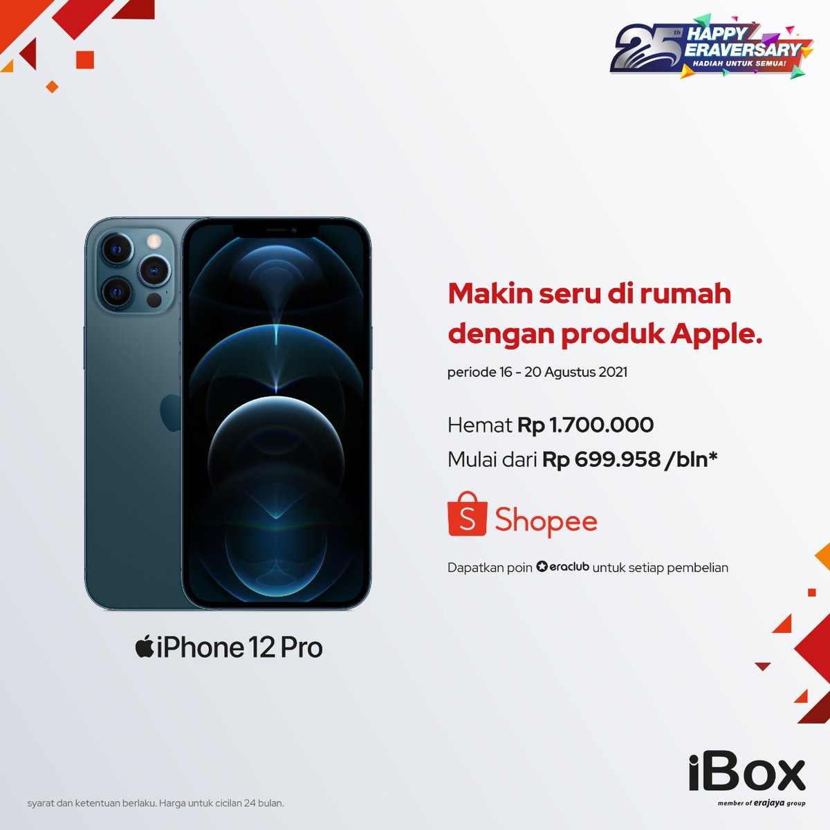 Makin seru di rumah dengan produk Apple terbaru
Miliki iPhone 12 Pro hemat hingga Rp 1.700.000 dapatkan dengan harga mulai dari Rp 699.958/bulan* hanya di iBox Official Shop @ Shopee.

#iBoxIndonesia #Eraversary #StaySafeStayProductive #25Eraversary