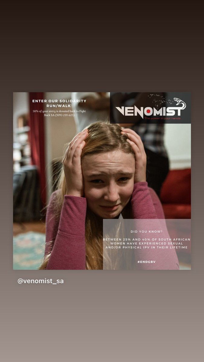 Enter our VIRTUAL solidarity run/walk on the 28-29 August. Let's walk in unity and stand against GBV in SA! 50% of proceeds are donated to @fightback_sa 

entryninja.com/events/76937-g…

Information on this post from saferspaces.org.za

#gbv #genderbasedviolence #southafrica