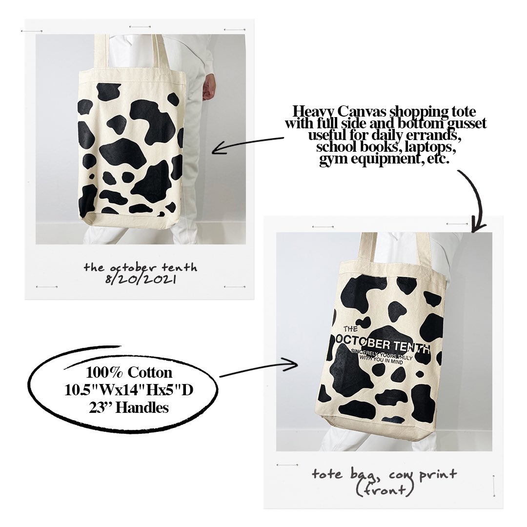 TheOctoberTenth's tweet photo. Cow-print tote bags? Cow-print tote bags. These tote bags will be available along with our embroidered sets on August 20th, only at https://t.co/rGTKkQcm0E https://t.co/NMukMv23mt