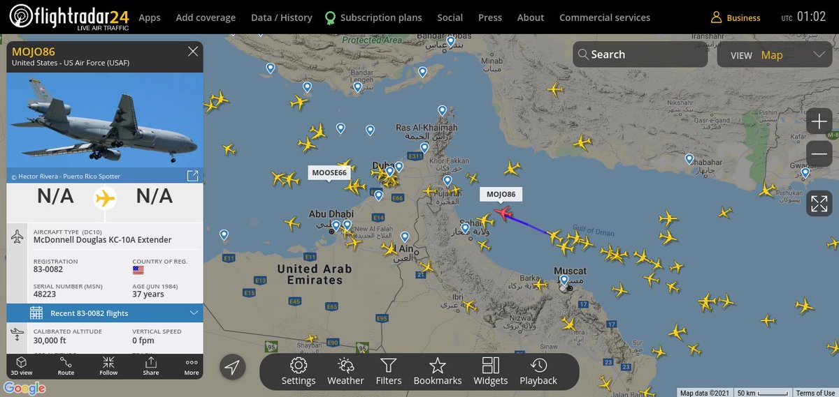 TheIntelFrog's tweet photo. KC-10A Extender #AE0218 as MOJO86 westbound over the Gulf of Oman
#KabulAirlift #Planespotting #AvGeek https://t.co/qS1RT8swQf