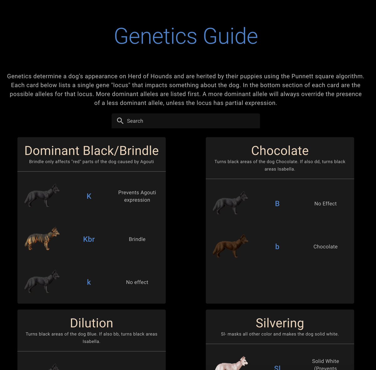 We are excited to release the new Genetics Guide page tomorrow! This page explains all of the genes that affect the appearance of dogs on Herd of Hounds. 

Join for free! herdofhounds.com is a browser game that celebrates all things dog! #dog #videogame