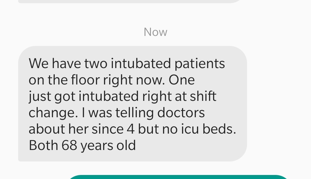 racheljoyedgren's tweet photo. This is from my coworker on the covid floor. We are normally a med surg floor and do not have intubated patients. This is real. Everywhere is so understaffed and we do not have enough beds or staff for patients. https://t.co/g9Kw0XhLIl