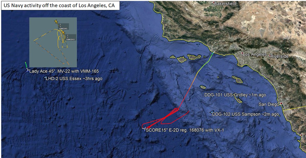 ameliairheart's tweet photo. US Navy activity off the coast of Los Angeles, CA:
3x USN ships:
- DDG-101 369961000
- DDG-102 369867000
- LHD-2 368779000
1x USN aircraft:
- "SCORE15" E-2D Hawkeye 168076 #AE2FD6
2x USMC aircraft from LHD-2:
- "LDACE43" MV-22 #AE60D0
- "LDACE45" MV-22 #AE64BE
#ADSB #AIS https://t.co/YU3ydW4Oum