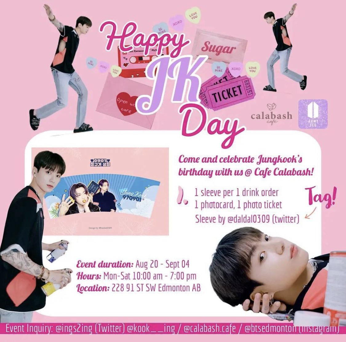 BTSEdmonton's tweet photo. BIG NEWS!! come celebrate jk day with at @cafe_calabash from aug 20th to sept 4th!! rt to spread the word!! https://t.co/Ire7QJxaU7
