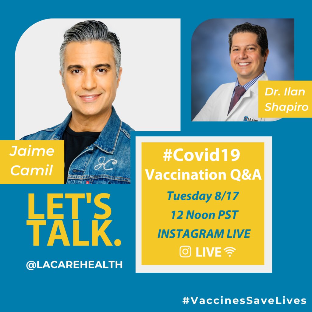 Live with JAIME CAMIL (@jaimecamil)  this Tuesday 8/17  with me (@dr_shaps) on the @LACareHealth account. Will be discussing the importance of getting a COVID-19 vaccine

@AltaMedHealthS

#VaccinesSaveLives #AndaleQueEsperas  #VacunateYa  #IGLive #GetVaccinated #VaccineReady