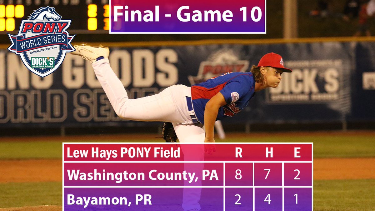 ponyworldseries's tweet image. The final game of Day 4 at the @DICKS PONY League World Series and Washington County secures the win against Bayamon, Puerto Rico.