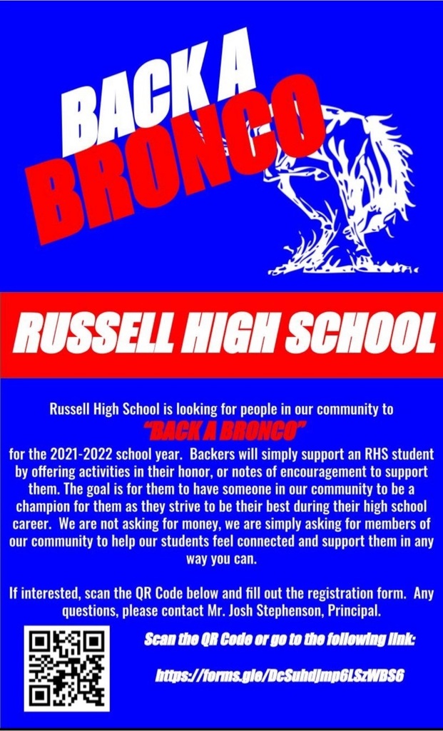 RHS is excited to announce a new program for our entire Russell community. We are starting a “Back A Bronco” program for the ‘21-‘22 school year.  Help our school &amp;community by “Being A Champion” for a student at RHS. See the information below. #KidsFirst407 #BackABronco