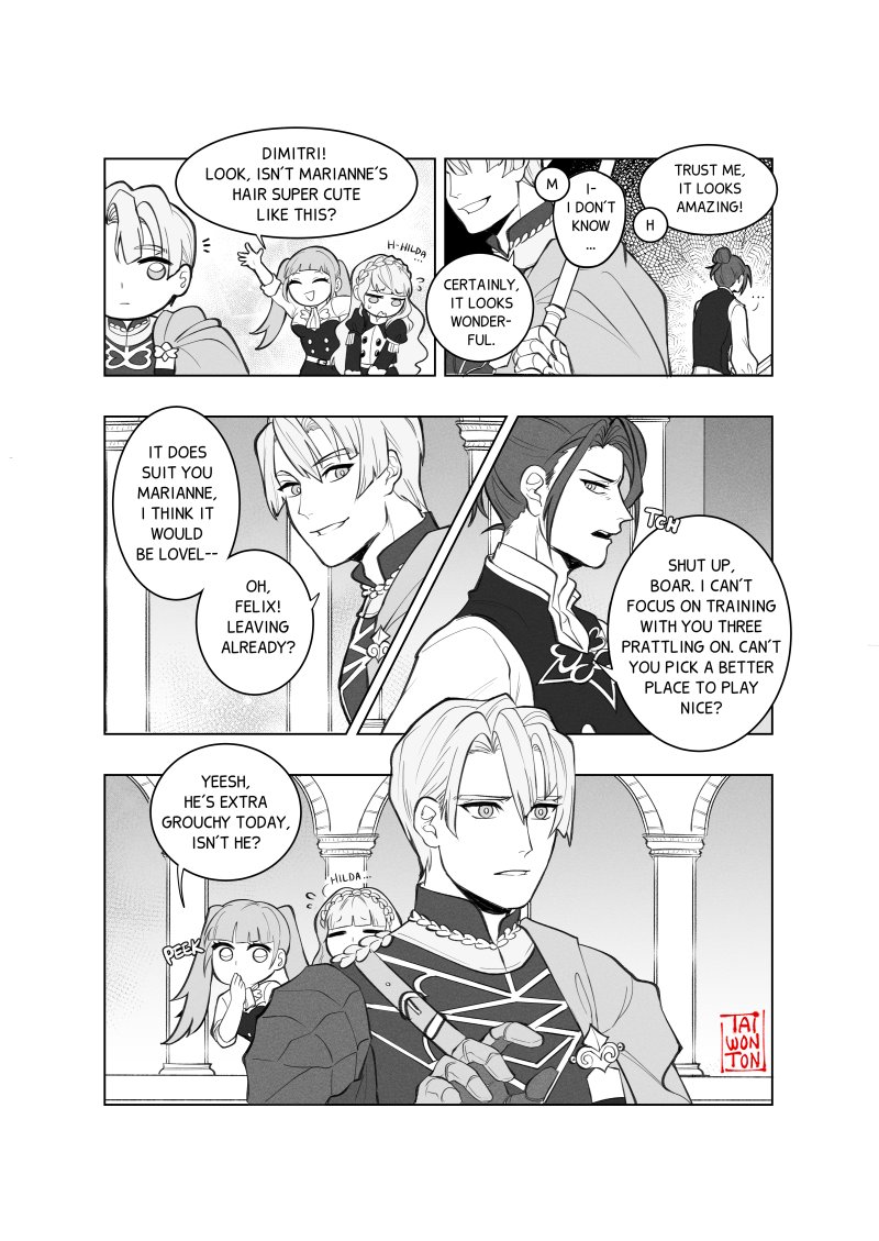 "I Can't Believe My Boar Has Liked Long Hair Since We Were Kids" the light novel titled 5 page comic I did for the @dmfxanthology King & Aegis #dimilix #fraldarddyd (1/2)