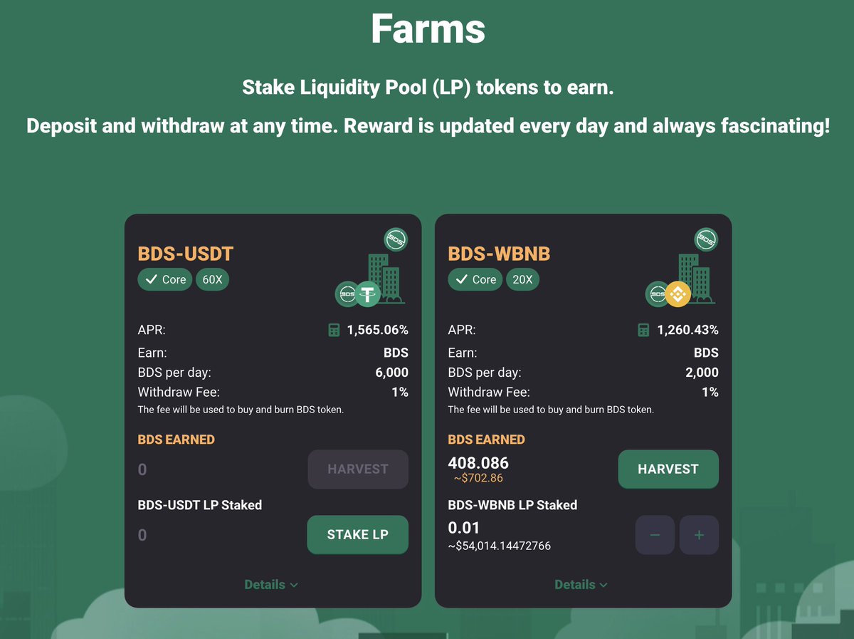 bdsholdingllc's tweet photo. Special Features on BEP20
Open farms : BDS/USDT, BDS/BNB pairs with high liquidity on international exchanges and attractive APR up to 1000% in the first stage.The IFO feature uses the BDS/USDT LP token pair to exchange real estate tokens.
Join with us https://t.co/B8JMH48qAA https://t.co/LW0mXEwB02