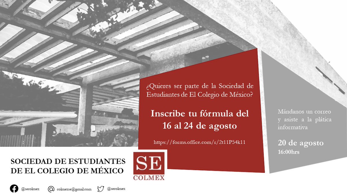 #SEinvita
¿Te interesa ser parte de la Sociedad de Estudiantes de <a href="/elcomex/">Ernesto Anaya</a>?
¡Inscríbete a la planilla!

El registro de las fórmulas será del 16 al 24 de agosto en este link:
forms.office.com/r/2t11P54k11

Si tienes dudas asiste a la sesión informativa el 20 de agosto.

¡Participa!