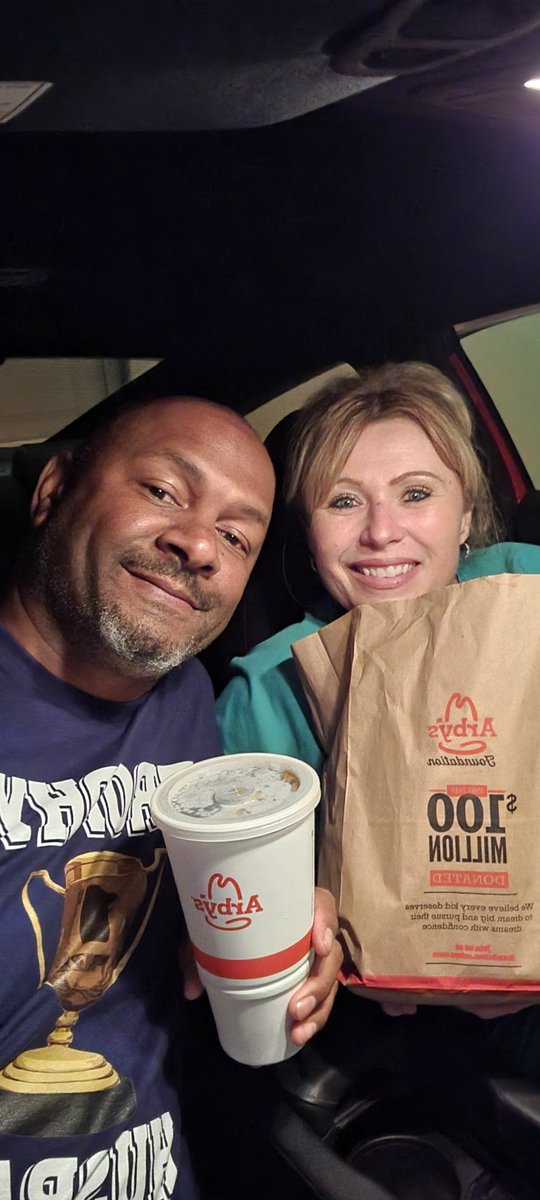 JazzyJBaby's tweet photo. Last year's anniversary at a steakhouse, this year munching Arby's in the car. Can't wait to see what next year brings...PB&J? #Down4Whatever https://t.co/zjPxndqYj8
