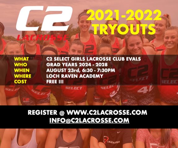🚨C2 Select 🔴⚫️ TRYOUTS - Monday, 8/23 🚨

💻 Register for tryouts at c2lacrosse.com for the 2021-2022 Select season. 

If you have a conflict, please contact us at info@c2lacrosse.com

#laxtryouts #lax #lacrosse #girlslax #girlslacrosse #tryouts #baltimorelax
