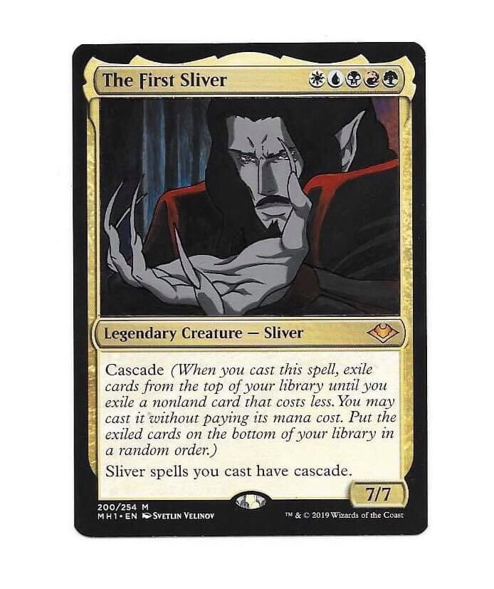 (2019) Dracula from the Netflix anime Castlevania altered onto The First Sliver, completed by Kumiko.  Follow, retweet, share, or like our other socials on Facebook and Instagram too!  #MagicTheGathering #mtg #castlevania #mtgalters #edh #anime #CommanderEdh