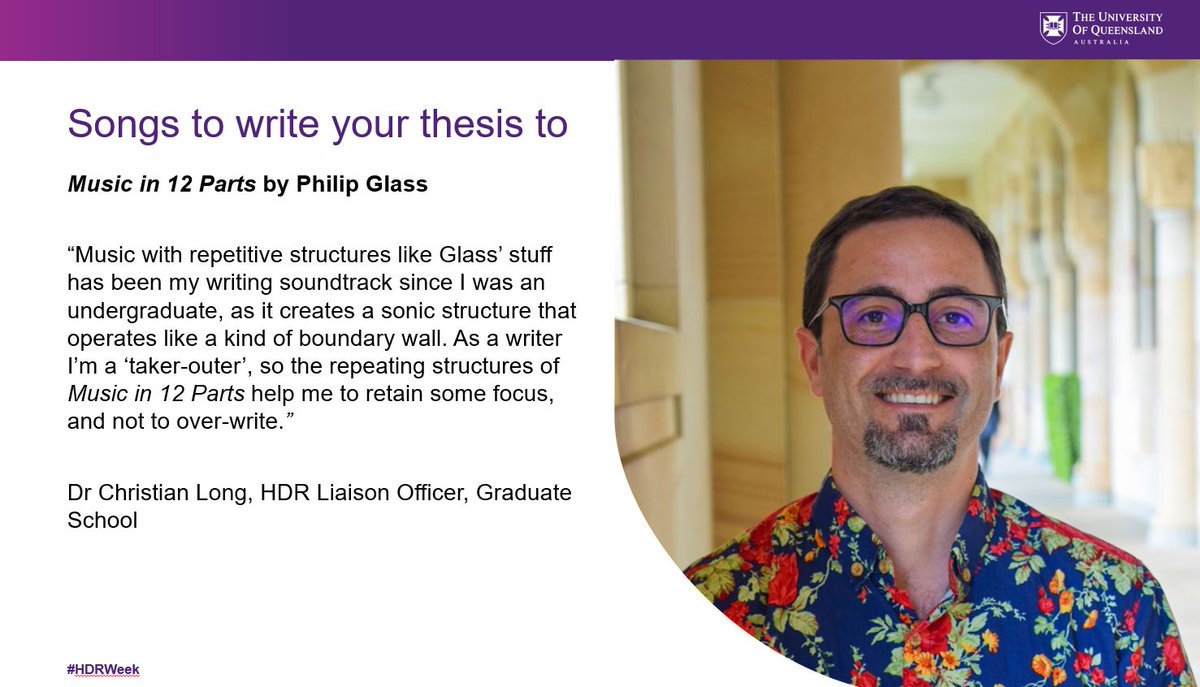 UQ_News's tweet photo. As #HDRWeek approaches, HDR candidates might like a little extra motivation to finish their thesis.
So why not submit to the โSongs to write your thesis toโ playlist - which will be released next week. Check Dr Christian Long's song.
https://t.co/NiCJCEKLlg https://t.co/71FOkgqwYu