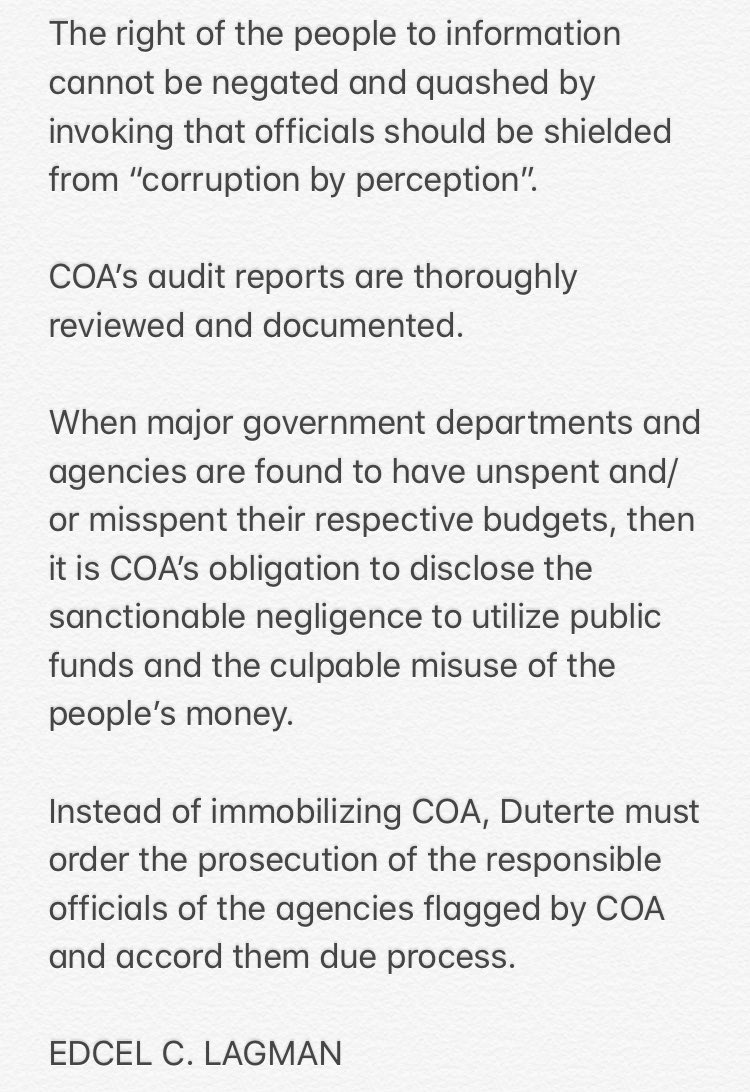inquirerdotnet's tweet photo. READ: President Duterte "has no authority to stop the Commission on Audit from performing its constitutional mandate of safeguarding the utilization of public funds and making public the results of its audit," says Albay Rep. Edcel Lagman. | @NCorralesINQ https://t.co/IL1LmLwfVe