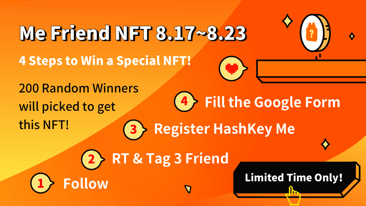 #NFT Giveaway!
🥈Second NFT——Me Friend 
🚀4 Steps to Win a Special NFT!
1⃣Follow
2⃣RT &amp; Tag 3 Friend
3⃣Register HashKey Me
4⃣Fill the Google Form
forms.gle/bJPcdnbWE7devc…

Winners will be announced at the end of event！

#Ethereum #BSC #Conflux #Polygon #HECO #OKExChain