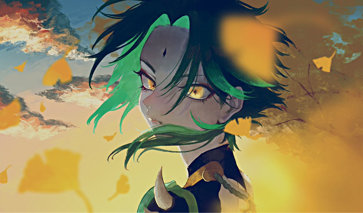 xiao (genshin impact) 1boy male focus solo green hair yellow eyes black hair leaf  illustration images