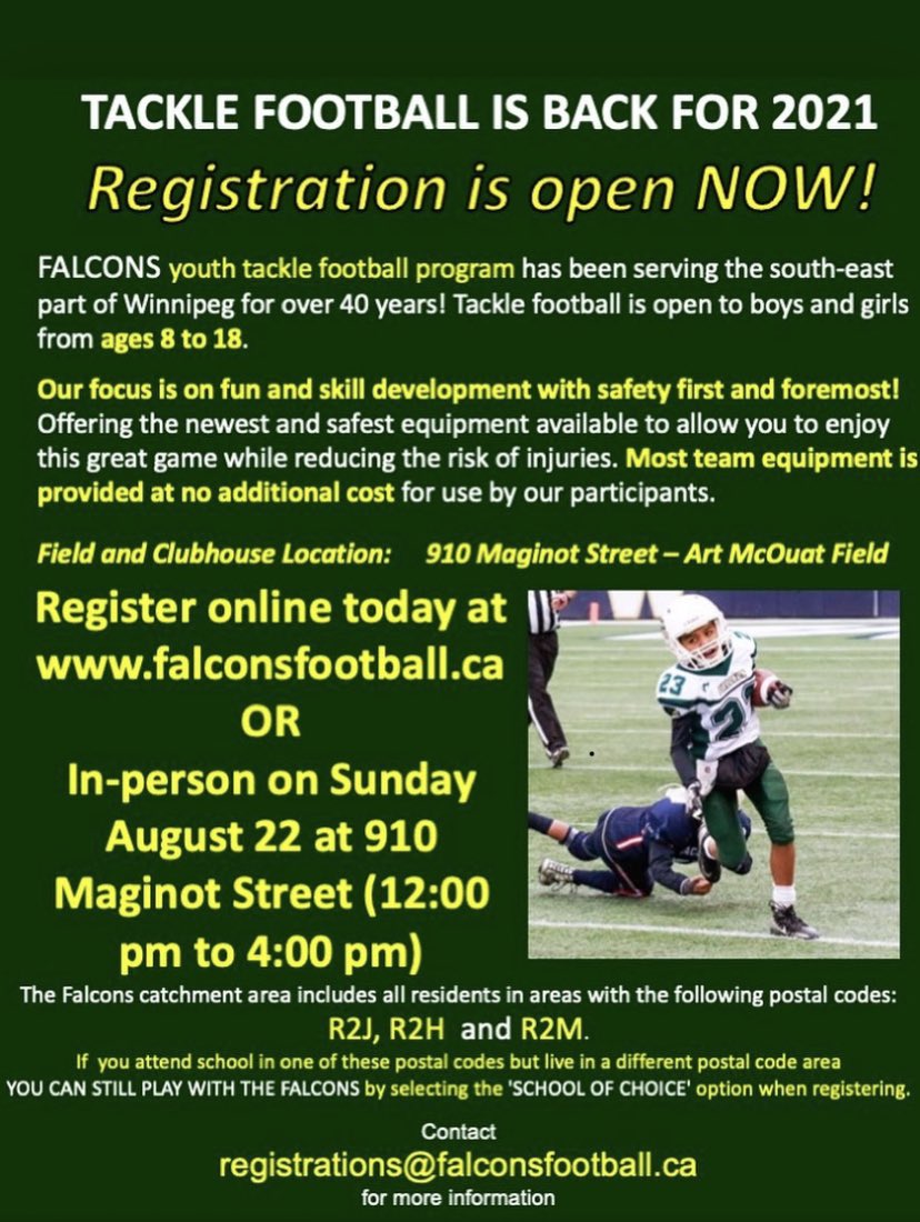Minor Football is Back and so are the Falcons. Registration starts here for all ages 8-18!  app.teamlinkt.com/register/go/ma…