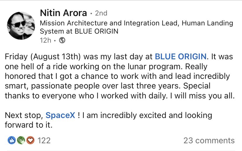 thesheetztweetz's tweet image. A lead engineer of Blue Origin’s HLS lunar lander team has left the company and is joining SpaceX, per LinkedIn:
linkedin.com/posts/nitin-ar…