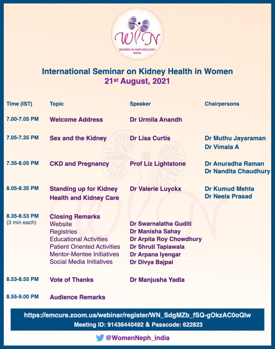 Women in Nephrology-India (@womenneph_india) on Twitter photo Join us on 21st August in this star studded program on
#Kidney health in #Women ๐ฉ
Speakers include
๐ฅ <a href="/lm2curtis/">Lisa M Curtis</a>
๐ฅ <a href="/kidneydoc101/">Prof Liz B ๐ฌ๐ง๐ฎ๐ฑ๐บ๐ฆ๐ต๐ธ</a>
๐ฅ <a href="/valerie_luyckx/">Valerie Luyckx</a>
Also we would love to hear your views!
Register for free at winindia.org Join us on 21st August in this star studded program on
#Kidney health in #Women ๐ฉ
Speakers include
๐ฅ <a href="/lm2curtis/">Lisa M Curtis</a>
๐ฅ <a href="/kidneydoc101/">Prof Liz B ๐ฌ๐ง๐ฎ๐ฑ๐บ๐ฆ๐ต๐ธ</a>
๐ฅ <a href="/valerie_luyckx/">Valerie Luyckx</a>
Also we would love to hear your views!
Register for free at winindia.org