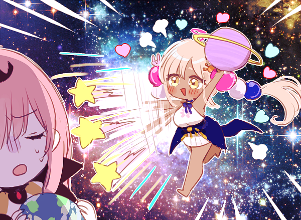 tsukumo sana multiple girls 2girls space planet dark-skinned female pink hair dark skin  illustration images