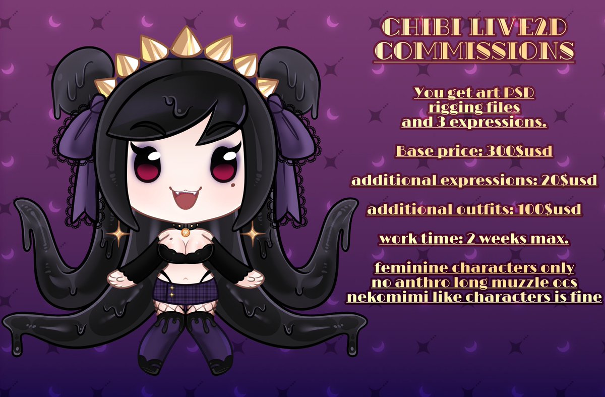 Pathesisx's tweet photo. I'm gonna open 2 slots of Chibi live2D commissions.
Art + Rigging. feel free to contact me with any questions. 
Showcase will be posted below. 
#Live2dCommissions #live2d #vtuber #ENVtuber #pngtuber #commissions #art #pathesis #pathart #chibi https://t.co/AW8QFc8K5m