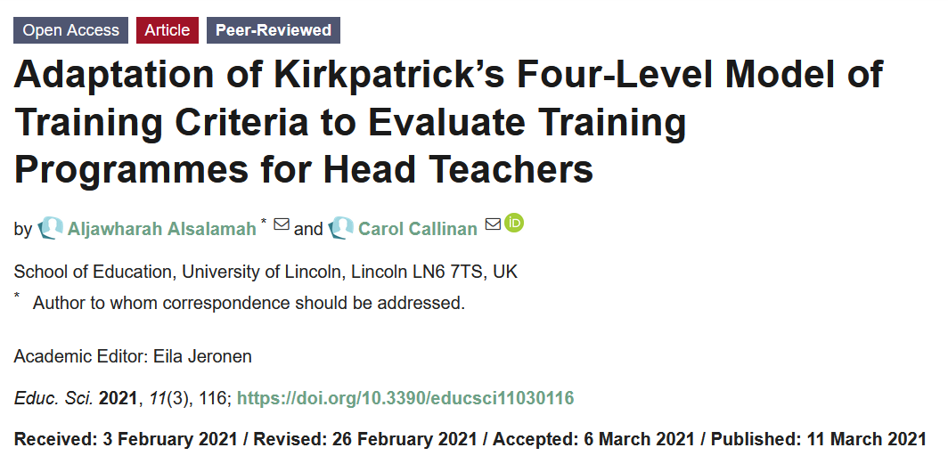 EducSci_MDPI's tweet photo. Adaptation of Kirkpatrick’s Four-Level Model of Training Criteria to Evaluate Training Programmes for Head Teachers 

https://t.co/HljaCIv3Ny

#KirkpatrickModel #EducationalAssessment #TrainingProgramme https://t.co/vWZ12PlXSa