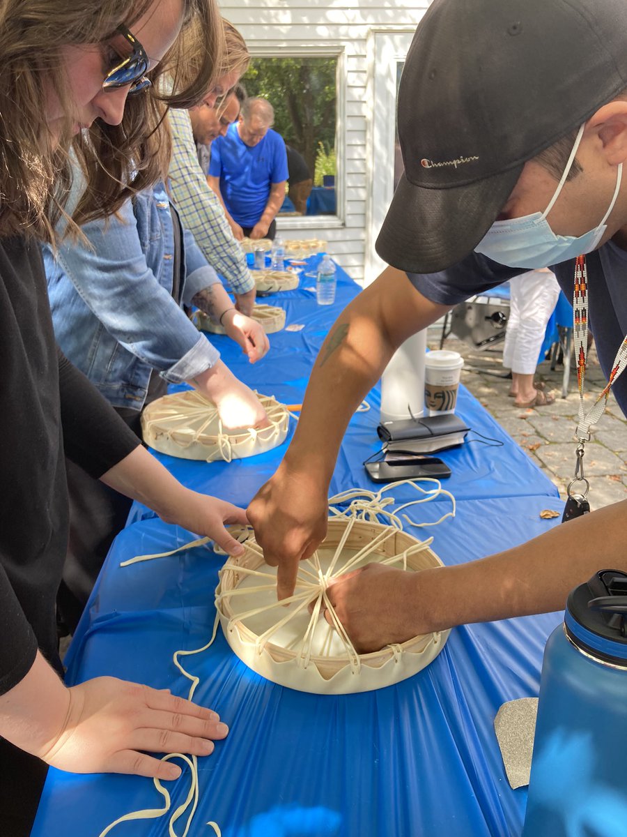 JillMSkinner's tweet photo. Took part in #DrumMaking w Pinock today. He told us of his childhood &amp; the res school impacts #HidingInBush, #FriendsTaken and #GrandfatherTeachings esp #Truth #TRC An impactful day for all attendees #AlwaysLearning #Grateful He also offers other workshops https://t.co/OuT2am5kcu https://t.co/9QmFq4R9g4