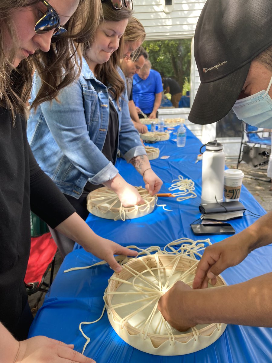 JillMSkinner's tweet photo. Took part in #DrumMaking w Pinock today. He told us of his childhood &amp; the res school impacts #HidingInBush, #FriendsTaken and #GrandfatherTeachings esp #Truth #TRC An impactful day for all attendees #AlwaysLearning #Grateful He also offers other workshops https://t.co/OuT2am5kcu https://t.co/9QmFq4R9g4