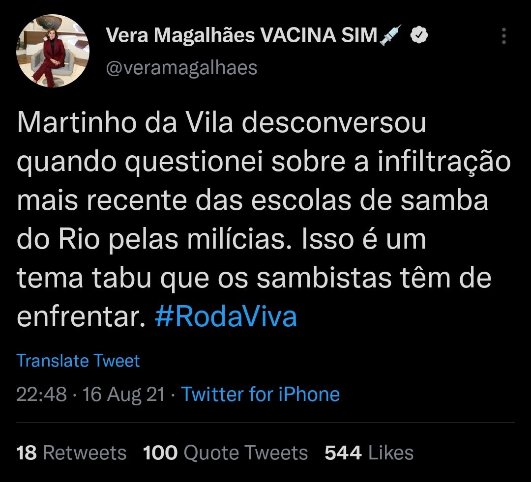 Quer cobrar que o Martinho da Vila resolva o problema das milícias

Aí na hora de ter que escolher entre candidato professor e candidato miliciano, a jornalista diz que é uma escolha difícil

A dona aí elegeu Bolsonaro, mas a conta das milícias tem que ir pra mestres sambistas