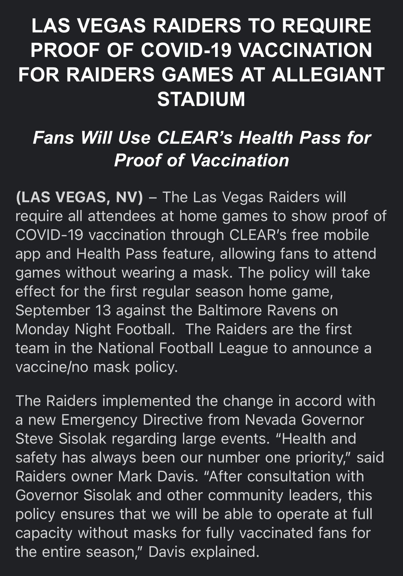 Las Vegas Raiders will require all fans to get vaccinated if they