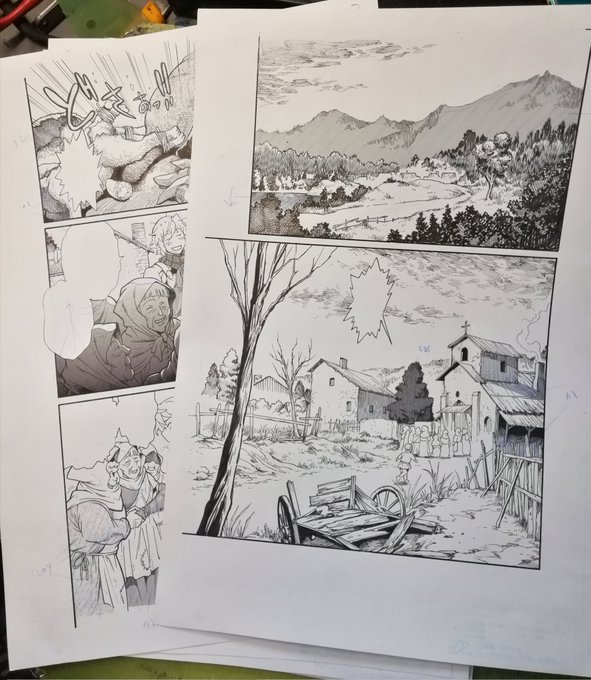 脱法テイマー第五話を編集さんに渡してようやく寝れます。起きたら休みなしでパトラの原稿に…
脱法テイマーは今回が一番作画カロリー高かったですね。地味な話ではあったんですが全コマにキャラがいる感じで…でも描いてて楽しかったです。特に画像3枚目のこの二人が。 