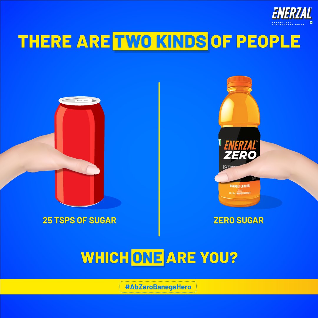 EnerzalIndia's tweet photo. There are two kinds of people in the world! Tell us below which one are you? The one who consumes 25 tsps of sugar at one go or the one who chooses to consume the right hydration?

This season, make the right choice with zero sugar hydration! #enerzalzero #ioninhydration https://t.co/5w9OUCjm91