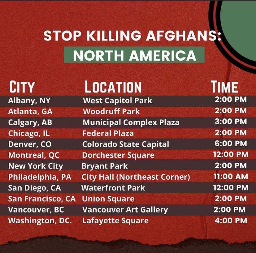 myenntrusive's tweet photo. INTERNATIONAL DAY OF PROTEST: 
NORTH AMERICAN LOCATIONS 
pls rt to spread the word #StopKillingAfghans https://t.co/U5nHbhvWAq