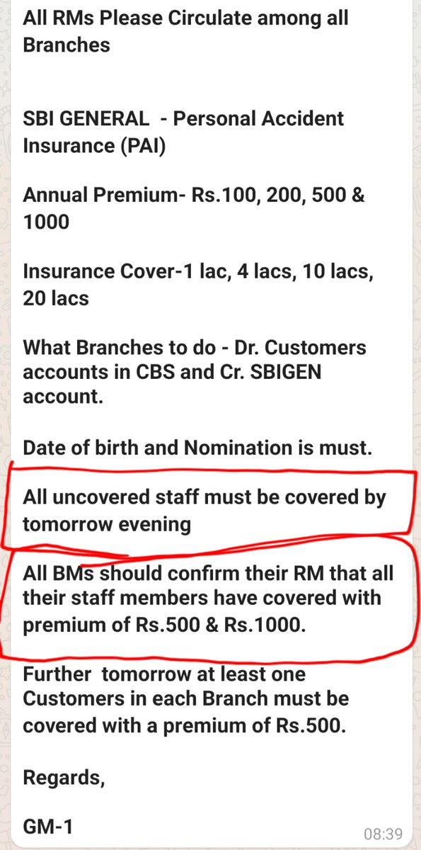 BChakravyuh's tweet photo. Again harassment at its peak. @TheOfficialSBI torturing sponsored RRB UTKALGRAMEENBANK staffs. Cross selling gives such personal benefits for SBI management that they r forcing UGB staffs to do insurance of themselves. Pathetic indian banking. @Bankers_We @aiboc_in @idesibanda https://t.co/cRCYlv1QZm
