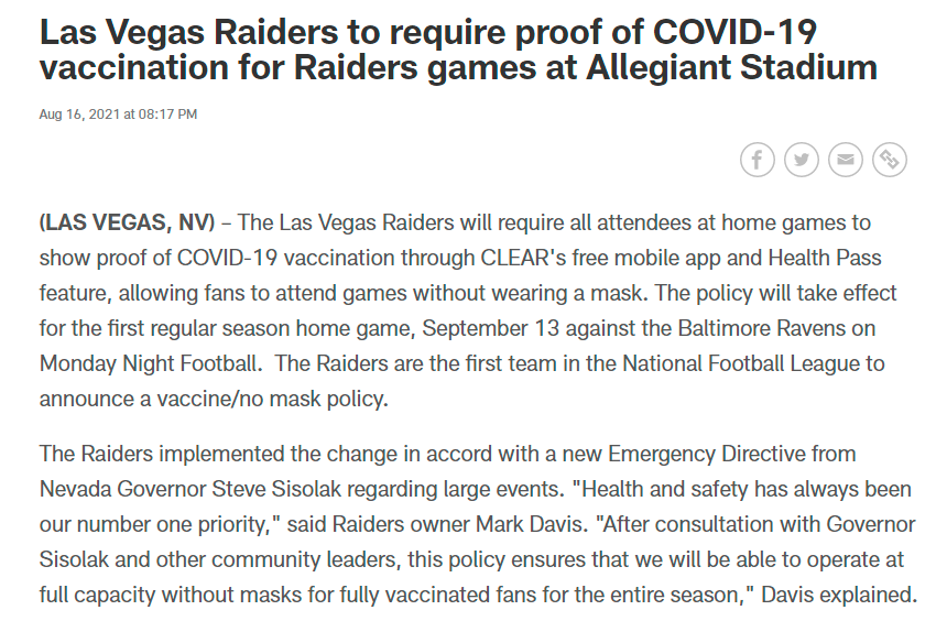 Just the vax: Want to attend <a href="/Raiders/">Las Vegas Raiders</a> games at <a href="/AllegiantStadm/">Allegiant Stadium</a>? You must be vaccinated against #COVID19  Story: lvsportsbiz.com/2021/08/16/jus…