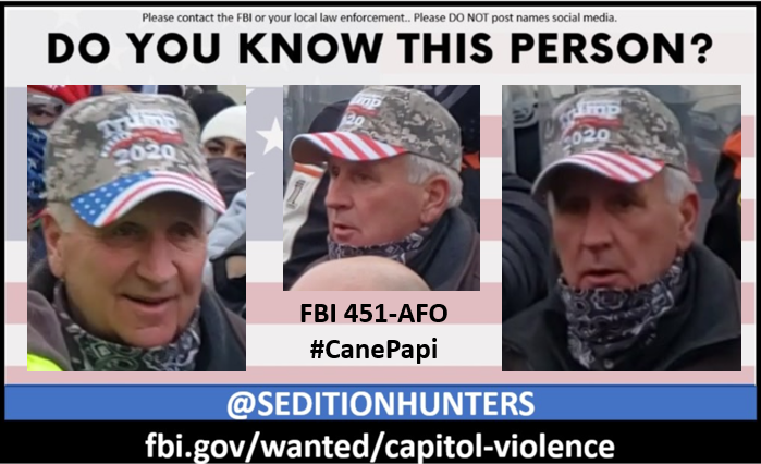 SeditionHunters's tweet photo. New Images! New Addition to FBI wanted list. Please share across all platforms. Do you Know this person?? Please contact the FBI with 451-AFO Please do not post names on social media #CanePapi #DCRiot #CapitolRiot https://t.co/n06D5CaheQ