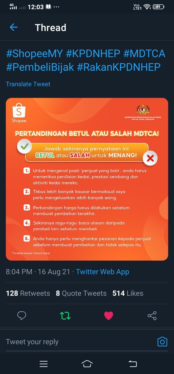 theonlybaepsae's tweet photo. @ShopeeMY 1. BETUL ✔️
2. SALAH ❌
3. BETUL ✔️
4. BETUL ✔️
5. SALAH ❌

@ShopeeMY Thank you so much for this giveaway! Stay safe and semoga dimurahkan rezeki selalu 🥰

#ShopeeMY #KPDNHEP #MDTCA #PembeliBijak #RakanKPDNHEP https://t.co/1pdODSNjhq