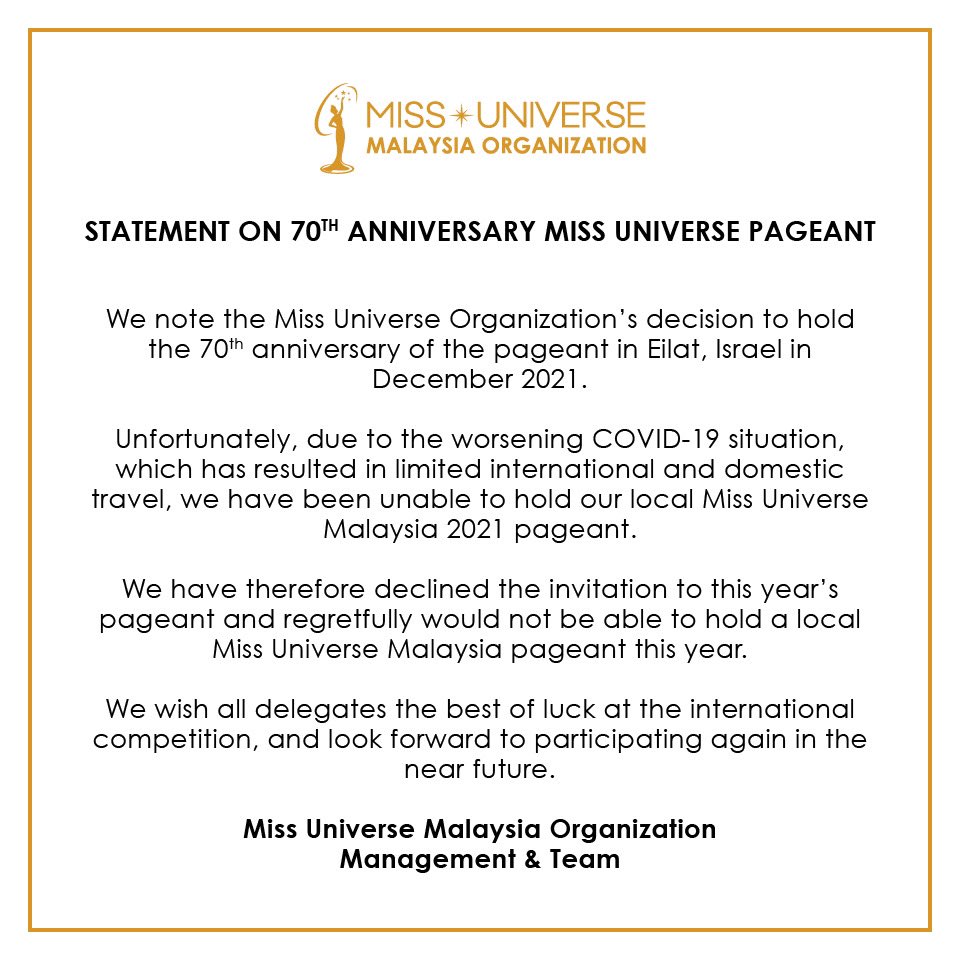 STATEMENT ON 70TH ANNIVERSARY MISS UNIVERSE PAGEANT
.
Miss Universe Malaysia Organization
Management &amp; Team