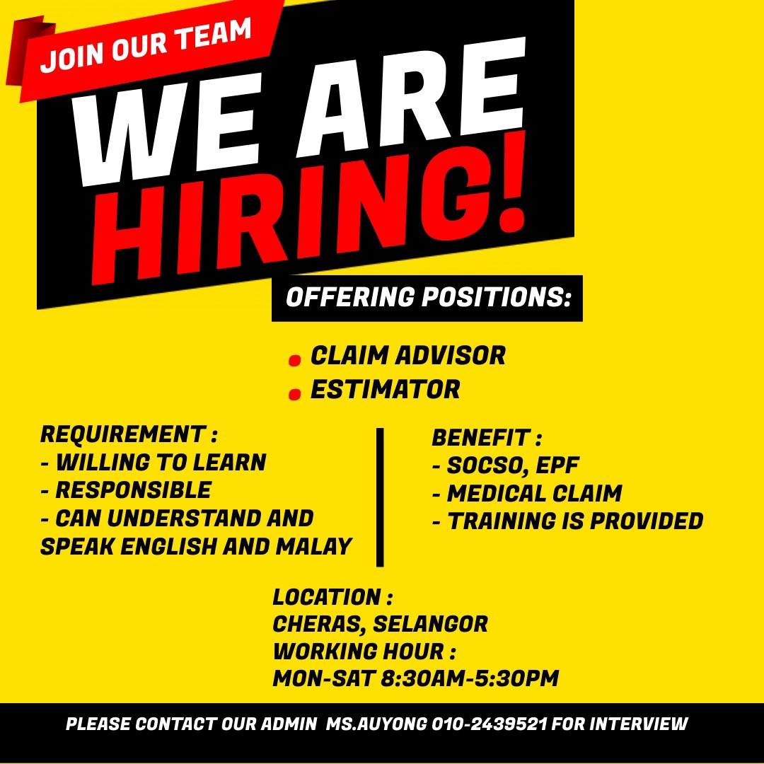aisyasha's tweet photo. Immediate Hiring !!! 

@MauKerjaMY @kerjakosong123 @twtkerjakosongg 

#kerjakosong #jobvacancy #kerjakajang #kerjacheras #maukerja #jawatankosong #hiring #jobseekers #recruitment https://t.co/iFCD0S8zjd