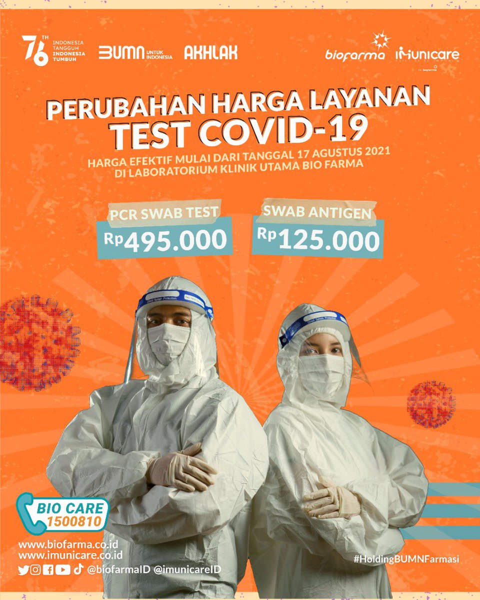 biofarmaID's tweet image. Memperingati Hari Kemerdekaan Indonesia ke-76, HUT Bio Farma ke-131 dan dukungan nyata terhadap himbauan Presiden @jokowi dalam upaya memperluas akses terhadap tracing dan testing penyebaran virus Covid-19, maka per tanggal 17 Agustua 2021,

#swabtest #pcrtest #testpcr