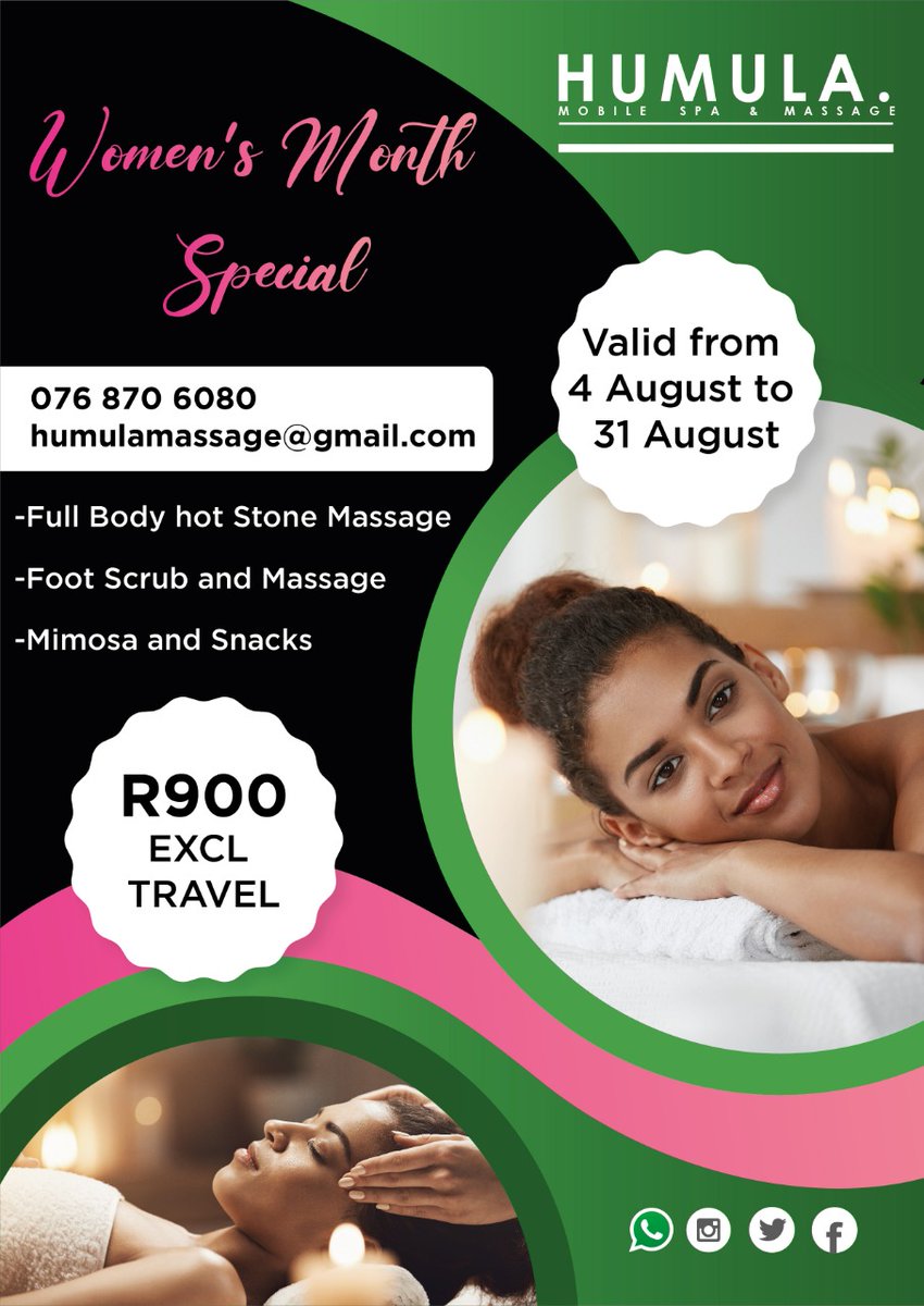 #womensmonthspecial is here at @humulamassage 
Call, text or WhatsApp 076 870 6080 to book your session today

#humulamobilespaandmassage #MassageTherapy #booktoday #hotstonemassage #footscrub #mimosa
#selflove #selfcare #wecometoyou