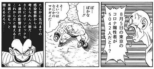 来週(もしくは今週末)にはベジータの『8000以上だ……!』の画像が使われそう
#コロナ 
#過去最多 