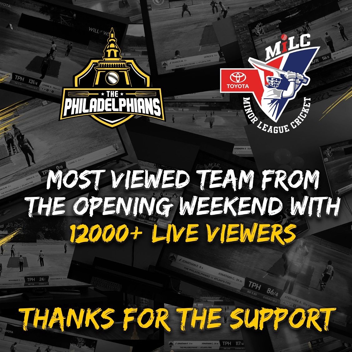 #ThePhiladelphians were the most viewed team over the opening weekend with 12K+ live viewers watching us play. Thanks a lot for the support. Looking forward to more support during the upcoming home-weekend at Philly. #PhillyCricket #CricketReloaded