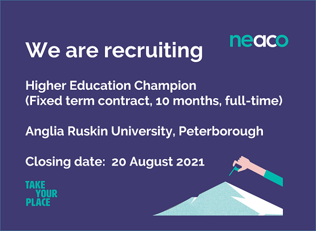 As a HEC you will work with schools and colleges to deliver the aims of the NEACO/Take Your Place programme, supporting students  from underrepresented groups looking to progress to #highereducation

Find out more - tinyurl.com/w63pe6fy

<a href="/TakeYourPlaceHE/">Take Your Place</a> #Takeyourplace
