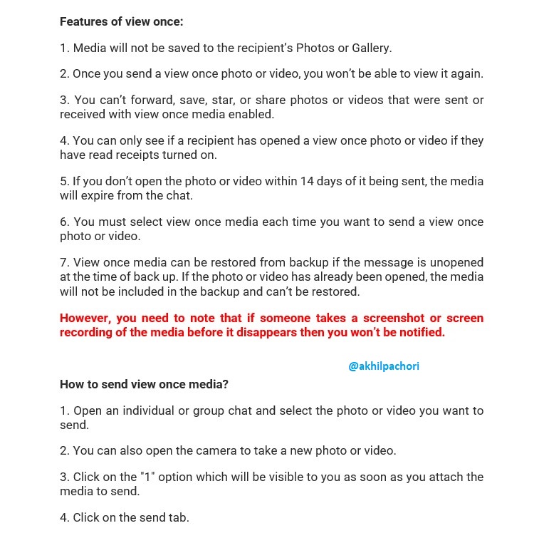 akhilpachori's tweet image. #WhatsApp has introduced a new feature of #ViewOnce option.

Following are the features and how to use this option