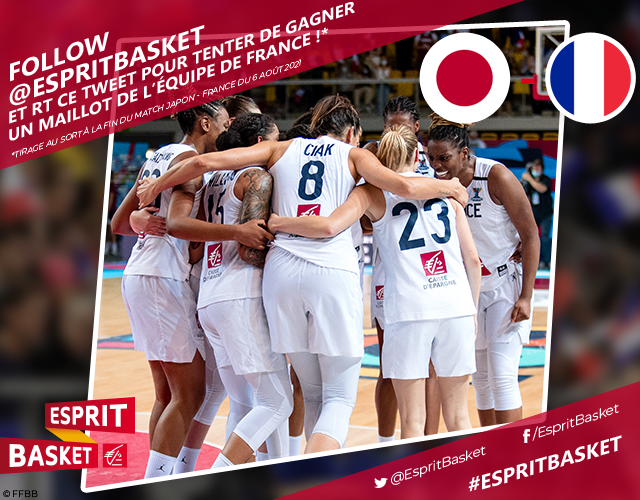 EspritBasket's tweet photo. Demain c'est Japon 🇯🇵 - 🇫🇷 France, demi-finale pour les Bleues 👊

Et vu qu'elles continuent de briller, on continue de vous faire gagner des maillots 👉 follow + RT pour tenter d'en gagner un ! #EspritBasket https://t.co/npc51v77tI